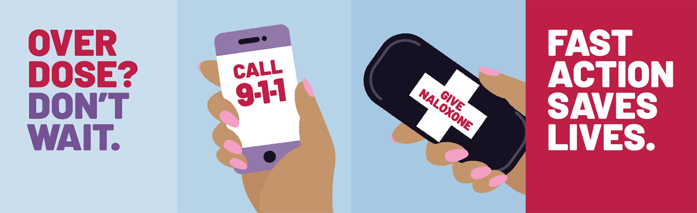 Overdose? Don't wait. Fast action saves lives. An illustration of a phone calling 9-1-1, and a hand giving naloxone.