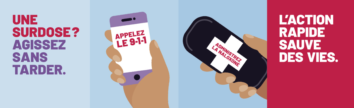 Une surdose? Agissez sans tarder. L’action rapide sauve des vies. Image d’un téléphone appelant le 9-1-1 et d’une main tenant une trousse de naloxone.